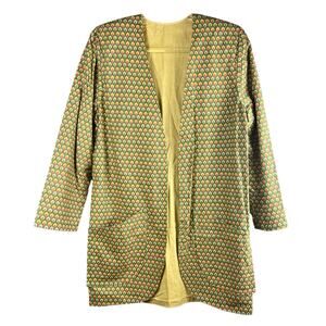 Vintage Open Front Geometric Print Blazer Overcoat Green